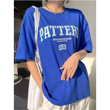 Black Sokak Blacksokak Kadın Mavi Pattern Baskılı Oversize Bisiklet Yaka Tshirt
