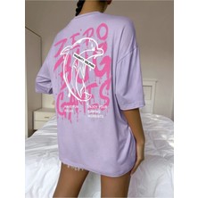 Black Sokak Blacksokak Kadın Lila Zero Bug Games Baskılı Oversize Bisiklet Yaka Tshirt
