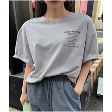 Black Sokak Blacksokak Kadın Gri Nothing For Baskılı Oversize Bisiklet Yaka Tshirt