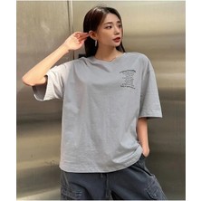 Black Sokak Blacksokak Kadın Gri Nothing For Baskılı Oversize Bisiklet Yaka Tshirt