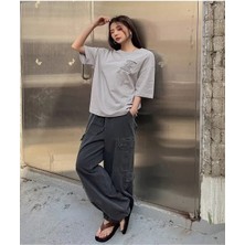 Black Sokak Blacksokak Kadın Gri Nothing For Baskılı Oversize Bisiklet Yaka Tshirt