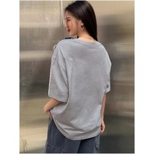 Black Sokak Blacksokak Kadın Gri Nothing For Baskılı Oversize Bisiklet Yaka Tshirt