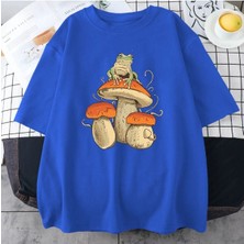 Black Sokak Blacksokak Erkek Maviı Mantar Baskılı Oversize Bisiklet Yaka Tshirt