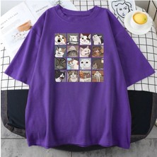 Black Sokak Blacksokak Erkek Mor Cat Baskılı Oversize Bisiklet Yaka Tshirt
