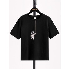 Black Sokak Blacksokak Erkek Çocuk Siyah Astronot Baskılı Oversize Bisiklet Yaka Tshirt