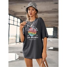Black Sokak Kadın Antrasit Summertime Los Angeles Baskılı Oversize Tshirt