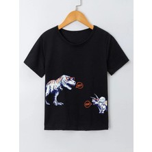 Black Sokak Blacksokak Erkek Çocuk Siyah Dinazor Baskılı Oversize Bisiklet Yaka Tshirt