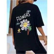 Black Sokak Blacksokak Kadın Siyah Flowers Baskılı Bisiklet Yaka Tshirt