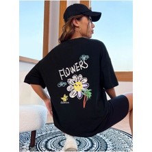 Black Sokak Blacksokak Kadın Siyah Flowers Baskılı Bisiklet Yaka Tshirt