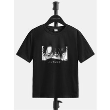Black Sokak Blacksokak Erkek Çocuk Siyah Japon Figür Baskılı Oversize Bisiklet Yaka Tshirt