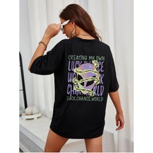 Black Sokak Blacksokak Kadın Siyah Luck Chance World Baskılı Oversize Bisiklet Yaka Tshirt