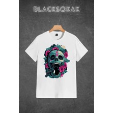 Black Sokak Erkek Beyaz Çiçekli Kurukafa Baskılı Oversize Bisiklet Yaka Tshirt