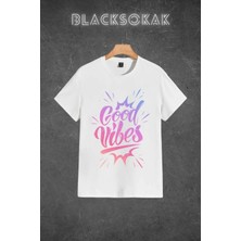 Black Sokak Erkek Beyaz Good Vibes Baskılı Oversize Bisiklet Yaka Tshirt