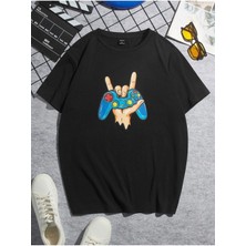 Black Sokak Erkek Siyah Game Baskılı Oversize Bisiklet Yaka Tshirt