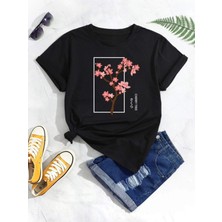 Black Sokak Kadın Siyah Cherry Baskılı Bisiklet Yaka Tshirt