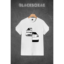 Black Sokak Erkek Beyaz Araba Baskılı Oversize Bisiklet Yaka Tshirt