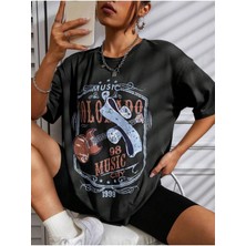 Black Sokak Blacksokak Kadın Siyah 98 Musıc Cıty Oversize Bisiklet Yaka Tshirt