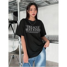 Black Sokak Blacksokak Kadın Siyah Treacly Best State Baskılı Oversize Bisiklet Yaka Tshirt