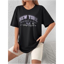 Black Sokak Blacksokak Kadın Siyah New York Baskılı Oversize Bisiklet Yaka Tshirt
