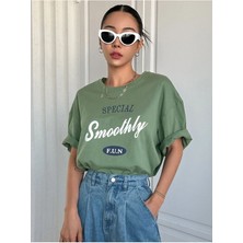 Black Sokak Blacksokak Kadın Yeşil Smoothly Baskılı Oversize Bisiklet Yaka Tshirt
