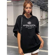 Black Sokak Blacksokak Kadın Siyah Super Power Baskılı Oversize Bisiklet Yaka Tshirt