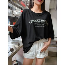 Black Sokak Kadın Siyah Vernal Baskılı Oversize Bisiklet Yaka Tshirt