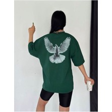 Black Sokak Kadın Yeşil Kuş Oversize Bisiklet Yaka Tshirt