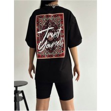 Black Sokak Kadın Siyah Trustyourself Oversize Bisiklet Yaka Tshirt