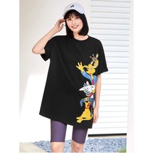 Black Sokak Blacksokak Kadın Siyah Hayvan Figürlü Baskılı Oversize Bisiklet Yaka Tshirt
