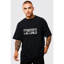 Black Sokak Blacksokak Erkek Siyah Pavyoncu Katlamalı Baskılı Oversize T-Shirt