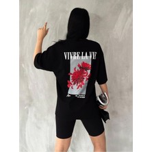 Black Sokak Unisex Siyah Vivre La Vie Baskılı Oversize Bisiklet Yaka Penye Tişört