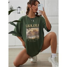 Black Sokak Blacksokak Kadın Haki Tasmanıa Baskılı Oversize Bisiklet Yaka Tshirt