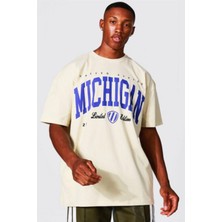 Black Sokak Erkek Bej Michigan Limited Baskılı Oversize Tshirt