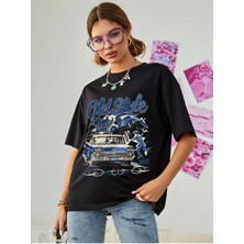 Black Sokak Blacksokak Kadın Siyah Old Style Baskılı Oversize Bisiklet Yaka Tshirt