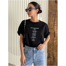 Black Sokak Blacksokak Kadın Siyah Optımıstıc Baskılı Oversize Bisiklet Yaka Tshirt