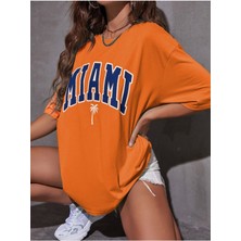 Black Sokak Kadın Turuncu Miami Baskılı Oversize Bisiklet Yaka Tişört