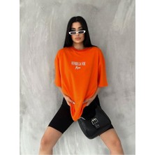 Black Sokak Kadın Turuncu Vivre La Vie Baskılı Oversize Bisiklet Yaka Penye Tişört