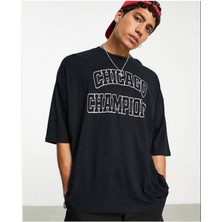 Black Sokak Erkek Siyah Champion Chicago Baskılı Oversize Bisiklet Yaka Kısa Kollu T-Shirt