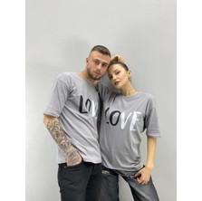 Black Sokak Blacksokak Unisex Tshirt Gri Love Baskılı Sevgili Çift Kombini 2 'li Set