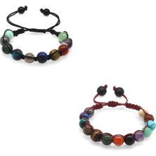 Tesbihname Makrome Örgülü Küre Kesim Multicolor Doğaltaş Kombinli Çocuk-Genç Başarı 2'li Set Bileklik