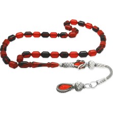 Tesbihname 1000 Ayar Gümüş Kazaz Püsküllü Uçlu Kapsül Kesim Kırmızı-Siyah Ateş Kehribar Tesbih