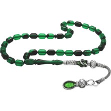 Tesbihname 1000 Ayar Gümüş Kazaz Püsküllü Uçlu Kapsül Kesim Şeffaf Yeşil-Siyah Ateş Kehribar Tesbih