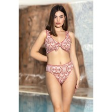 Hazelin Kadın Pembe Beyaz Desenli Göğüs Askılı Astarlı Yüksel Bel Bikini Takım HZL24S-AR1608