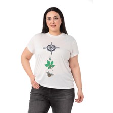 Disentis Modest Büyük Pusula Baskılı Bisiklet Yaka Beyaz T-Shirt