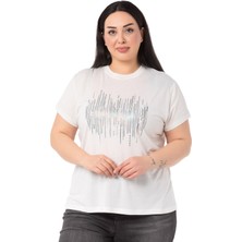 Disentis Modest Büyük Parlak Baskılı Bisiklet Yaka Beyaz T-Shirt