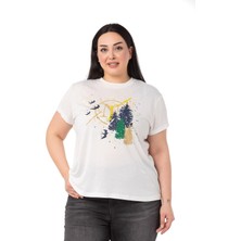 Disentis Modest Büyük Ağaç Baskılı Bisiklet Yaka Beyaz T-Shirt