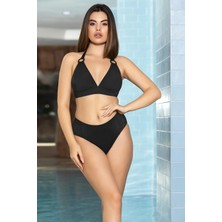Hazelin Kadın Siyah Halka Detaylı Boyundan Bağlamalı  Astarlı Büyük Üçgen Bikini Takım HZL24S-AR1763