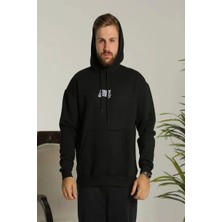 Modaoe Erkek Baskılı Oversize Üç Iplik Kapüşonlu Sweatshirt - Siyah