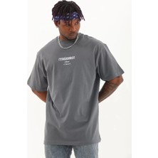 Modaoe Unisex Oversize Baskılı Bisiklet Yaka T-Shirt - Füme