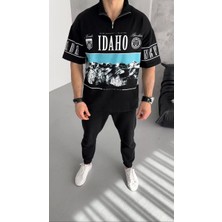 Modaoe Unisex Baskılı Yarım Fermuarlı T-Shirt - Siyah